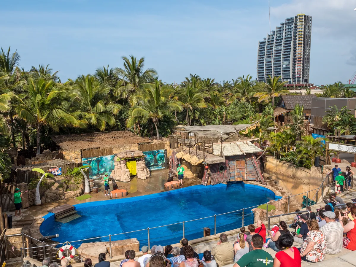 uShaka Marine World in Durban, with palm trees and a show pool